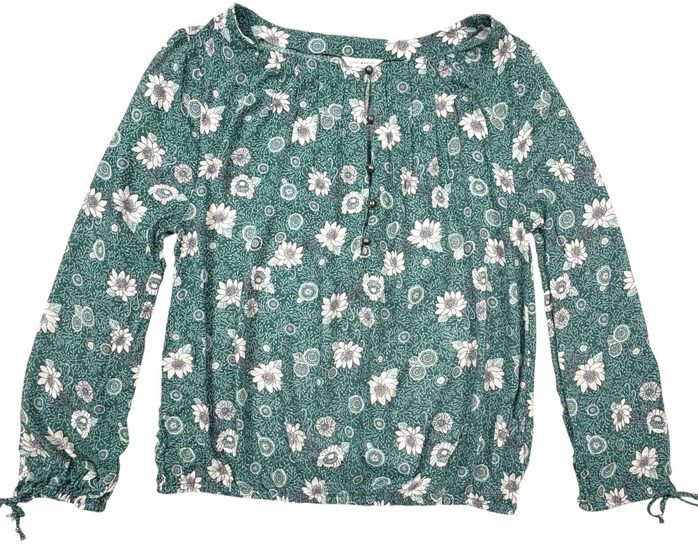 Boho Floral Peasant Blouse Lucky Brand Green Tie Cuff Artisan Buttons S